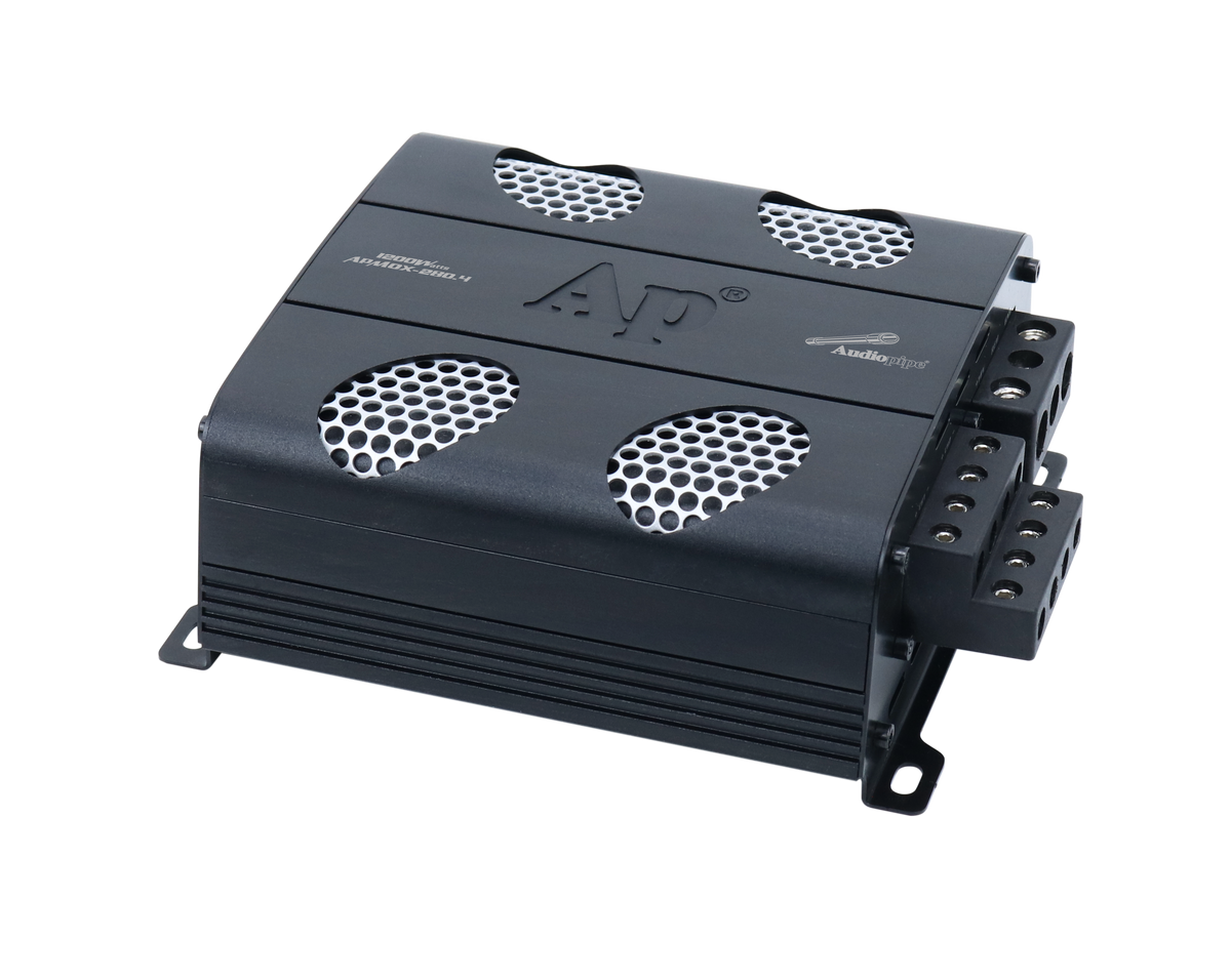 Audiopipe APMOX-280.4 amplifier viewed from its screw-terminal end