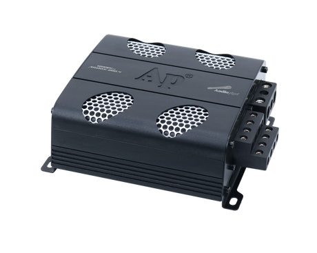 Audiopipe APMOX-280.4 amplifier viewed from its screw-terminal end