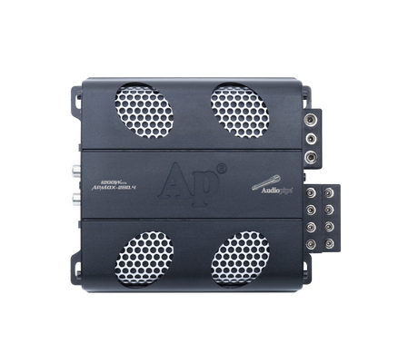 Top view of an Audiopipe APMOX-280.4 amplifier with four silver mesh vents and 1200W marking