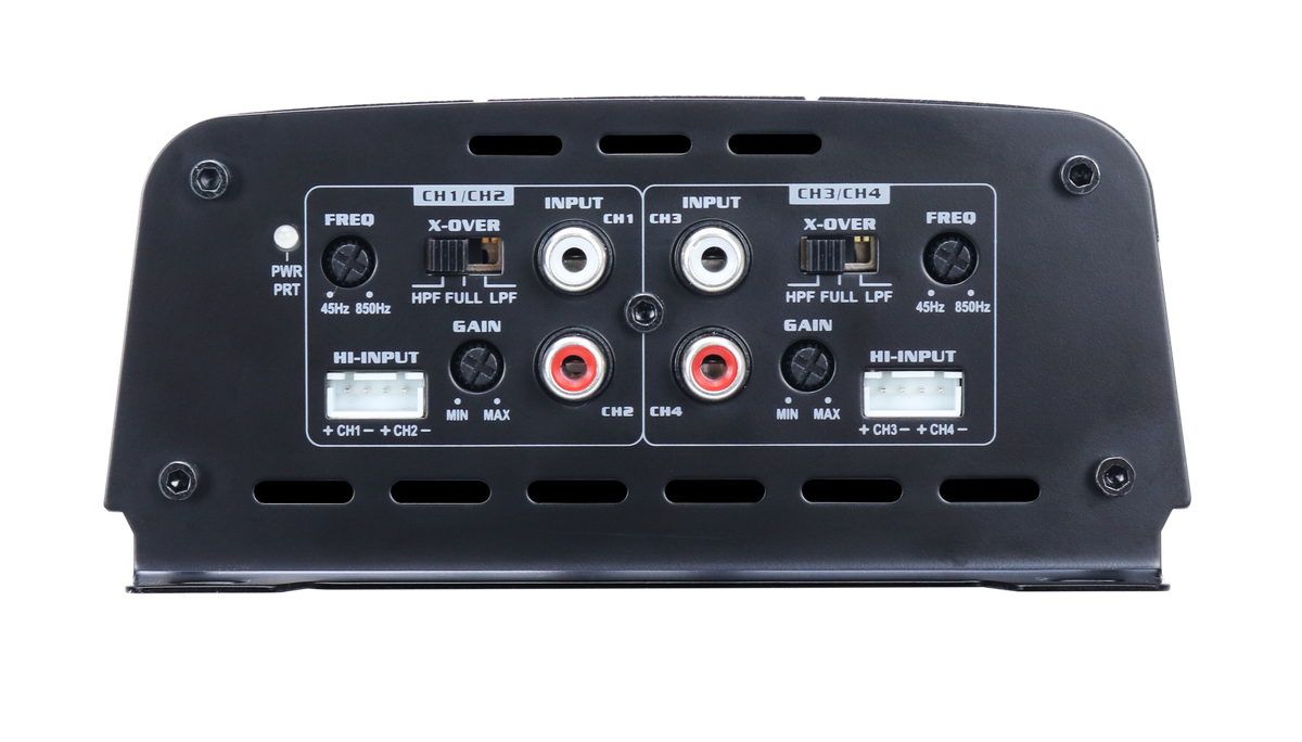 Amplifier input panel with four RCA jacks, two high-level connectors and gain and crossover controls