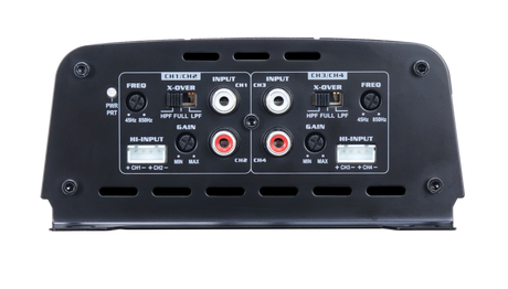 Amplifier input panel with four RCA jacks, two high-level connectors and gain and crossover controls