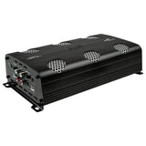 Angled view of a black Audiopipe amplifier showing its silver mesh vents and RCA input panel