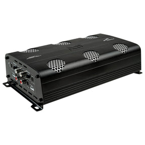 Angled view of a black Audiopipe amplifier showing its silver mesh vents and RCA input panel