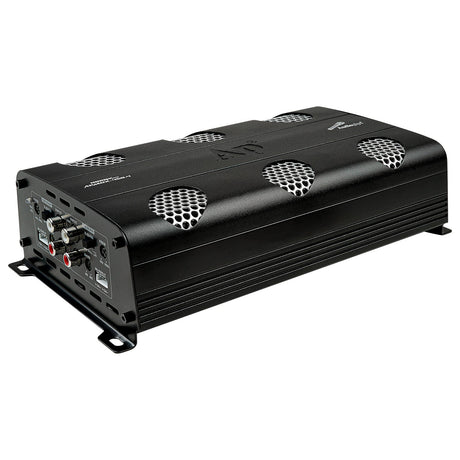 Angled view of a black Audiopipe amplifier showing its silver mesh vents and RCA input panel