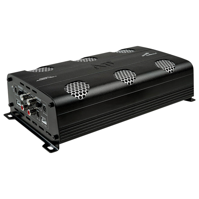 Angled view of a black Audiopipe amplifier showing its silver mesh vents and RCA input panel
