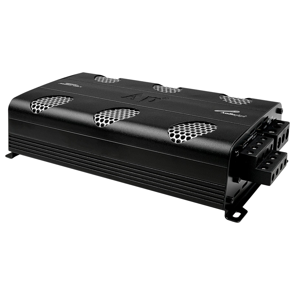 Angled view of a black Audiopipe amplifier with six silver mesh vents and exposed screw terminals
