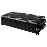 Angled view of a black Audiopipe amplifier with six silver mesh vents and exposed screw terminals