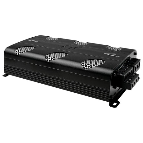 Angled view of a black Audiopipe amplifier with six silver mesh vents and exposed screw terminals