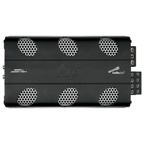 Top view of an Audiopipe APMOX-450.4 amplifier with six silver mesh vents and 1800W marking