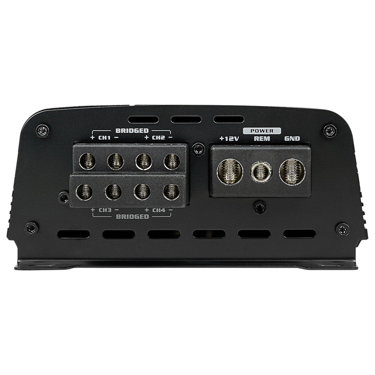 Amplifier end panel with CH1–CH4 speaker outputs and +12V, REM and GND power terminals