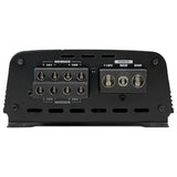 Amplifier end panel with CH1–CH4 speaker outputs and +12V, REM and GND power terminals