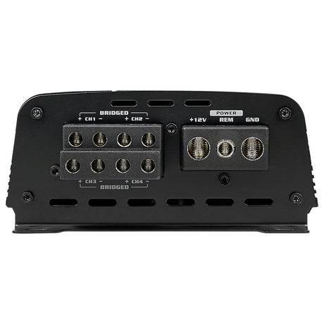 Amplifier end panel with CH1–CH4 speaker outputs and +12V, REM and GND power terminals