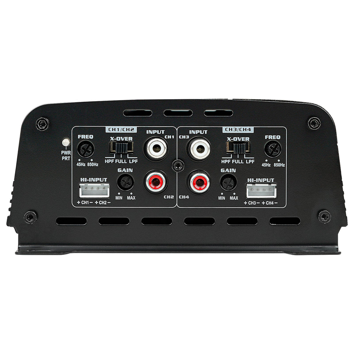 Amplifier input panel with four RCA jacks, two high-level connectors and gain and crossover controls