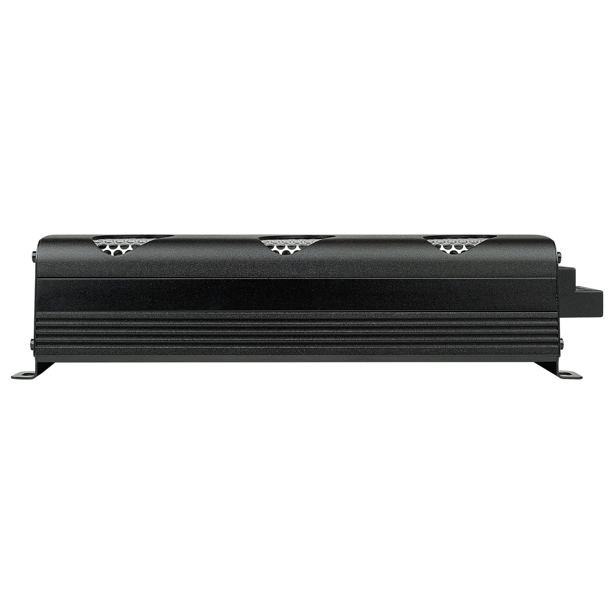 Side profile of compact black amplifier showing its cooling fins and mounting tabs