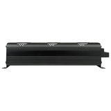 Side profile of compact black amplifier showing its cooling fins and mounting tabs
