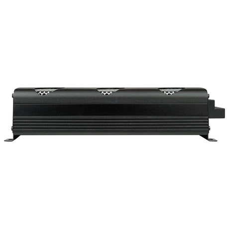 Side profile of compact black amplifier showing its cooling fins and mounting tabs