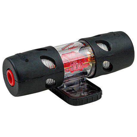 Audiopipe inline fuse holder angled view with transparent cover and black end caps