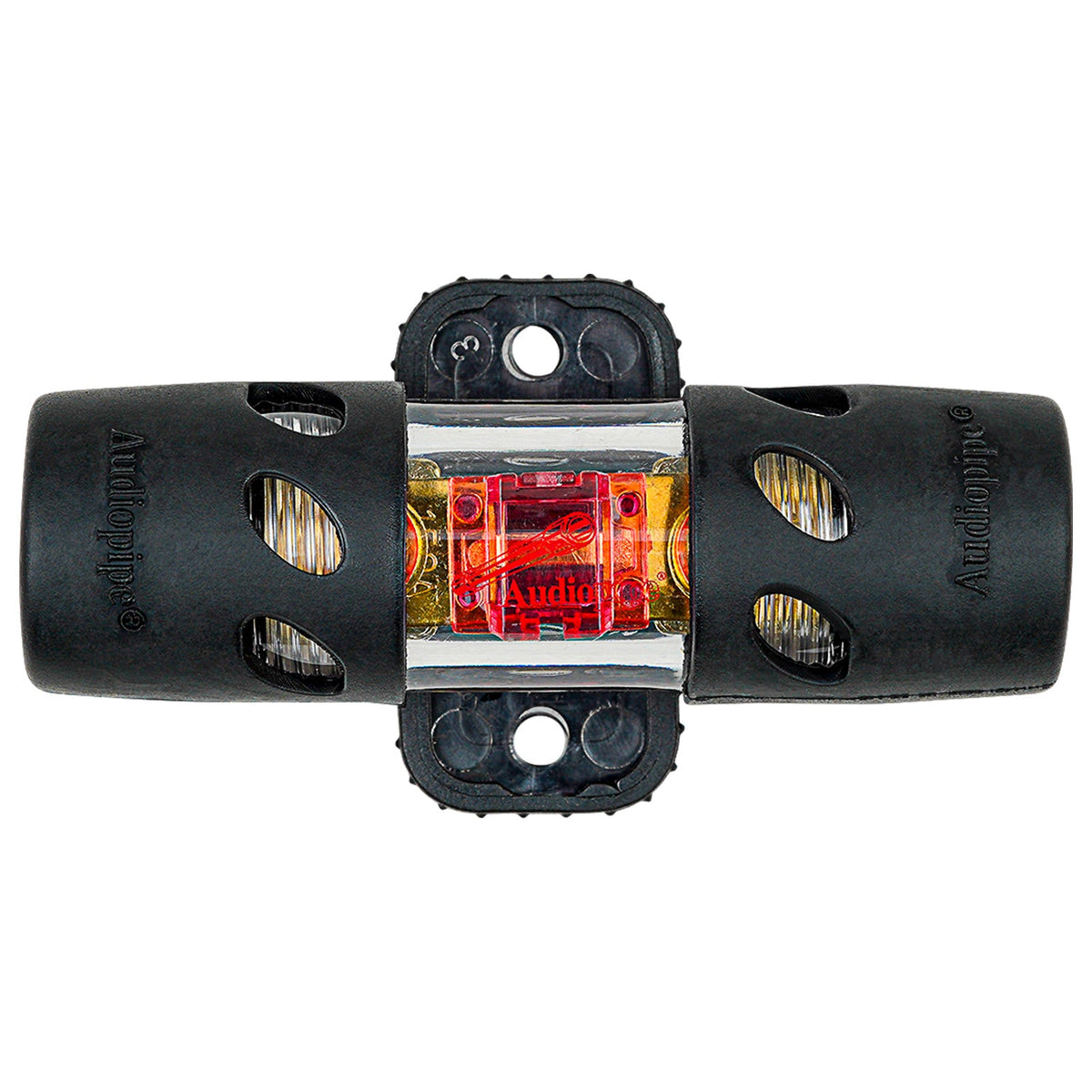 Audiopipe inline fuse holder top view with transparent cover and mounting holes