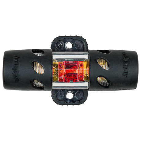 Audiopipe inline fuse holder top view with transparent cover and mounting holes