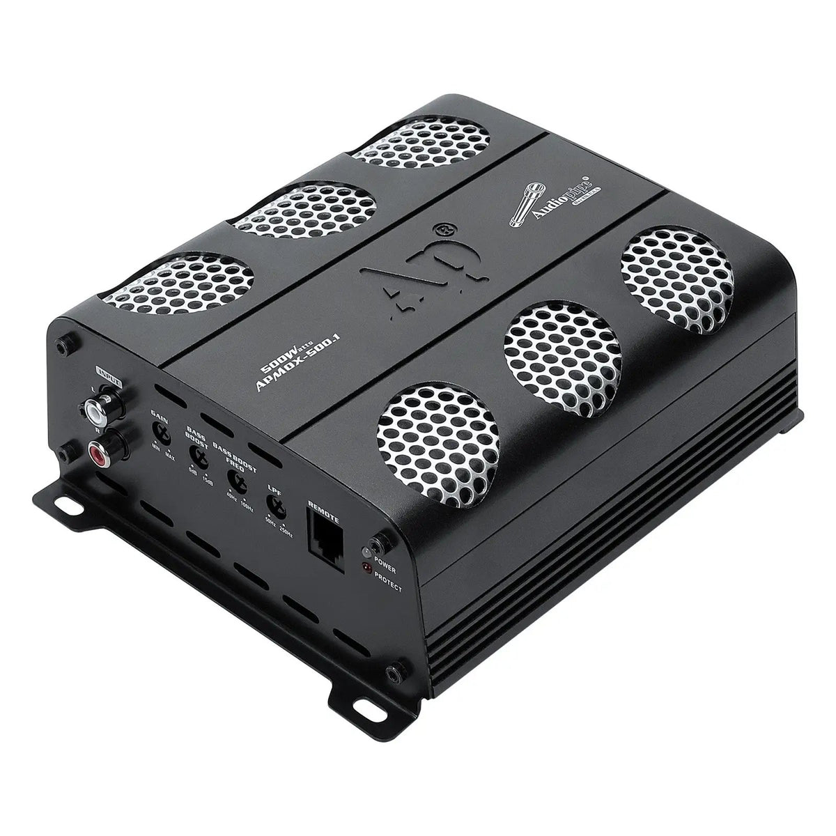 Audiopipe APMOX-500.1 amplifier with silver mesh vents