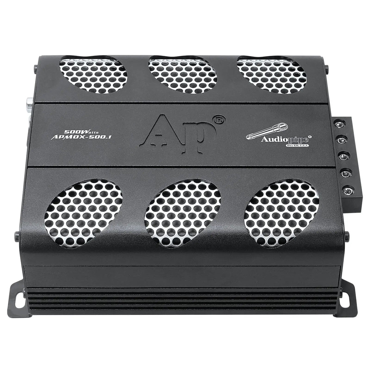 Audiopipe APMOX-500.1 amplifier top angle with six silver mesh vents and side terminals
