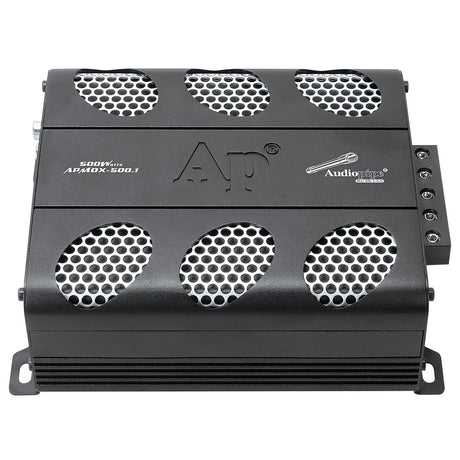 Audiopipe APMOX-500.1 amplifier top angle with six silver mesh vents and side terminals