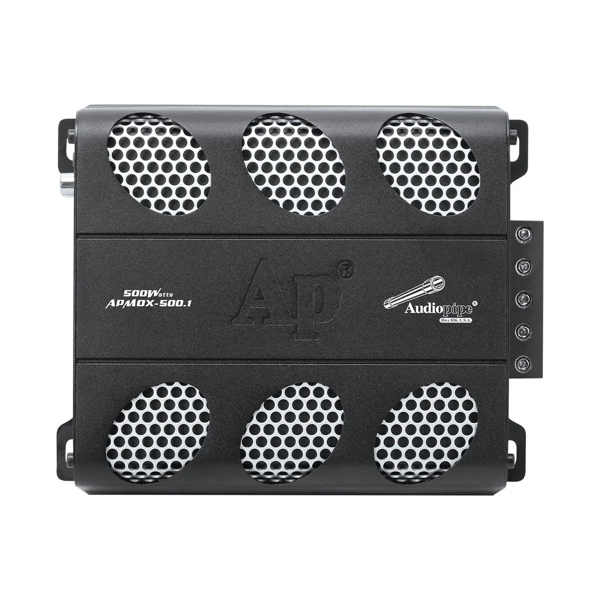 Audiopipe APMOX-500.1 amplifier top view showing six silver mesh vents and the AP logo