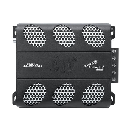 Audiopipe APMOX-500.1 amplifier top view showing six silver mesh vents and the AP logo