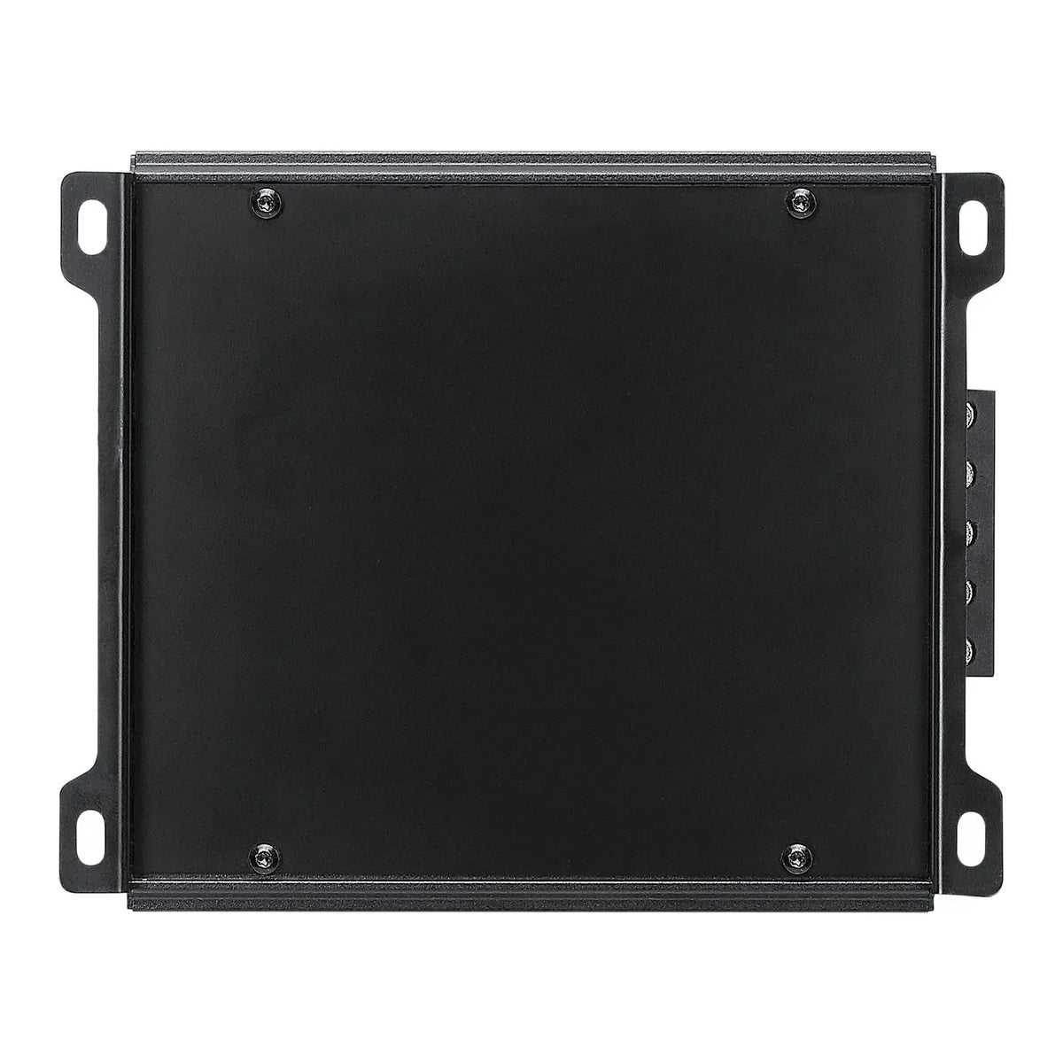 Amplifier underside with a flat black cover and four slotted mounting tabs
