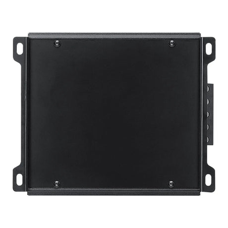 Amplifier underside with a flat black cover and four slotted mounting tabs