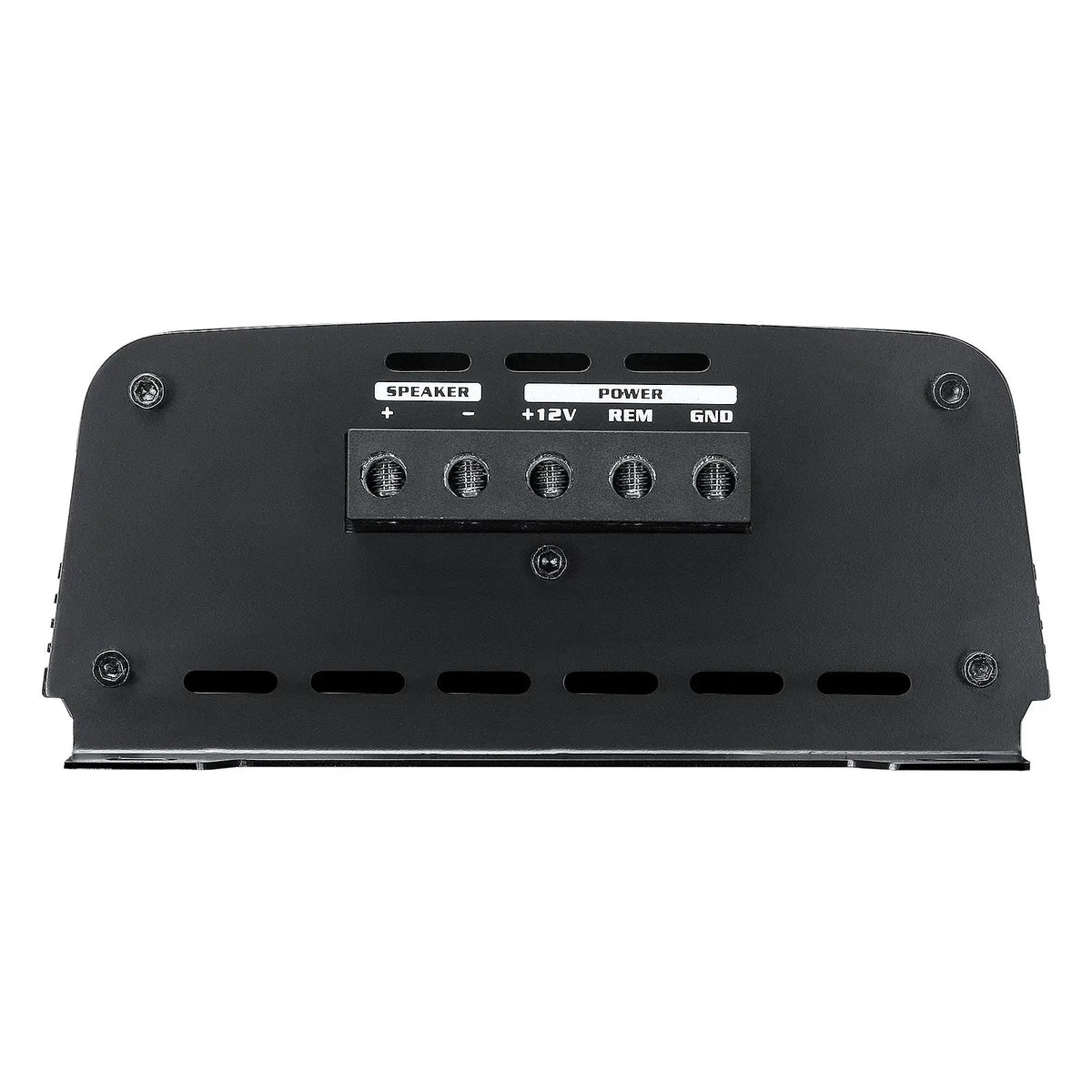 Amplifier terminal panel labeled for speaker output and power connections