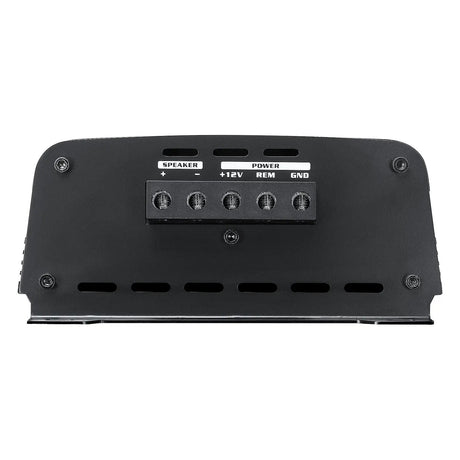 Amplifier terminal panel labeled for speaker output and power connections
