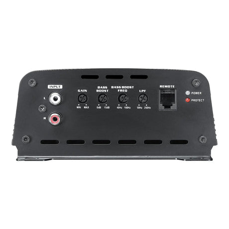 Audiopipe amplifier input panel showing two RCA sockets, bass and filter controls and a remote port