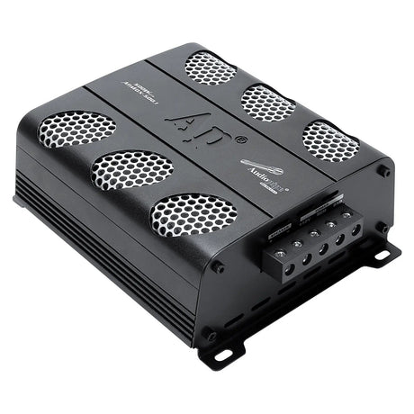 Audiopipe APMOX-500.1 amplifier viewed from its power and speaker terminal end