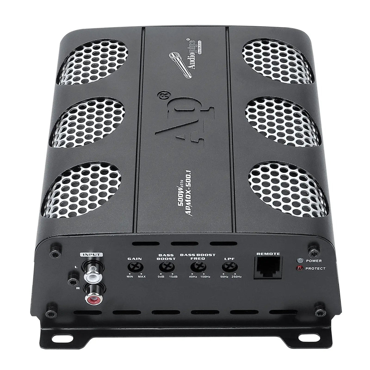 Audiopipe APMOX-500.1 amplifier showing RCA input, gain, bass boost, filter and remote controls