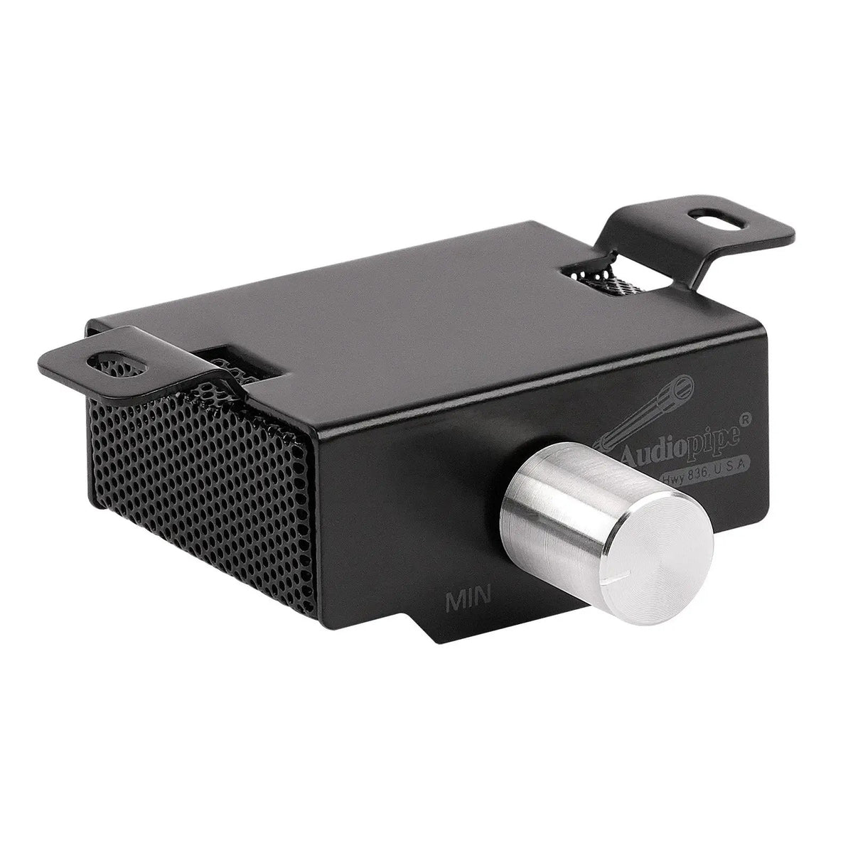 Audiopipe remote level control with a silver knob and mounting tabs