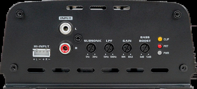 Audiopipe APMOX-800.1 amplifier input panel with RCA connections, subsonic, low-pass, gain and bass boost controls.