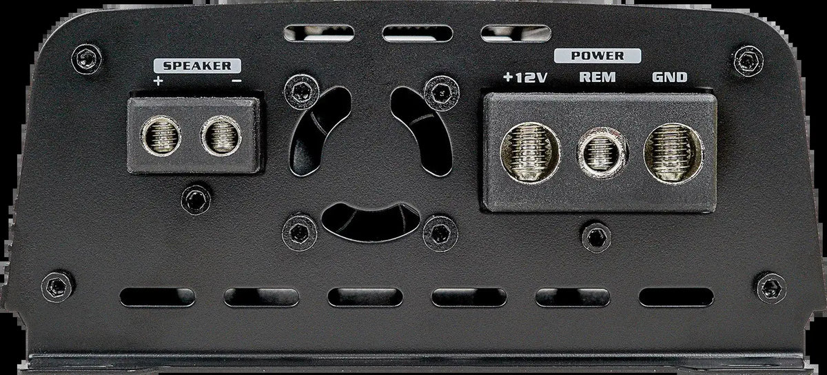 Audiopipe APMOX-800.1 amplifier speaker and power terminal panel with central cooling fan.