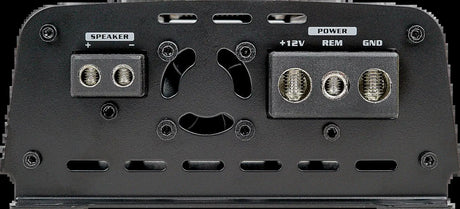 Audiopipe APMOX-800.1 amplifier speaker and power terminal panel with central cooling fan.