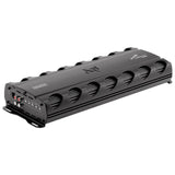Long black Audiopipe amplifier with vented sides and RCA input controls at one end