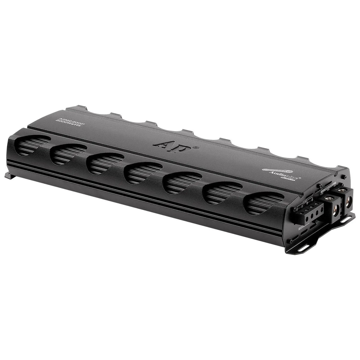 Black Audiopipe amplifier viewed from its terminal end, with finned sides and oval ventilation openings