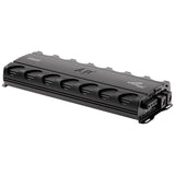 Black Audiopipe amplifier viewed from its terminal end, with finned sides and oval ventilation openings