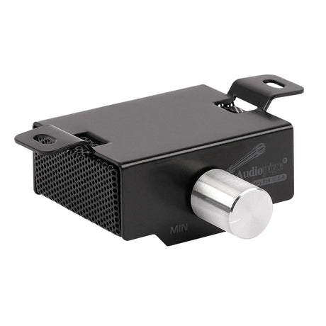 Black amplifier remote with silver rotary knob and mounting tabs