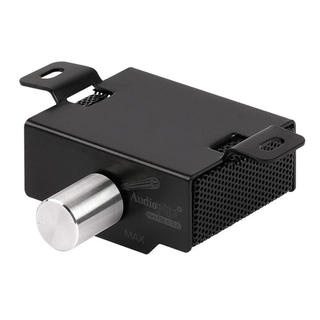 Angled view of black amplifier remote with silver knob and ventilated side panel