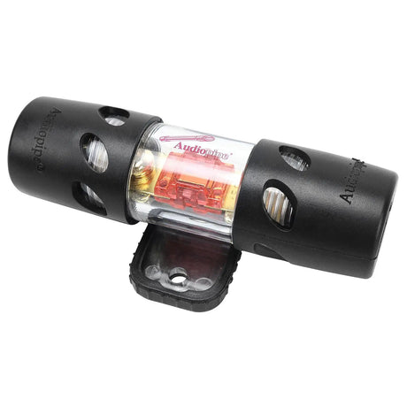 Audiopipe inline fuse holder with a clear center, red internal fuse and black mounting base
