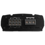 Amplifier terminal panel with four channel-labeled speaker output pairs and power connections