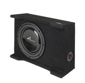 Carpeted Audiopipe subwoofer enclosure with a side terminal cup