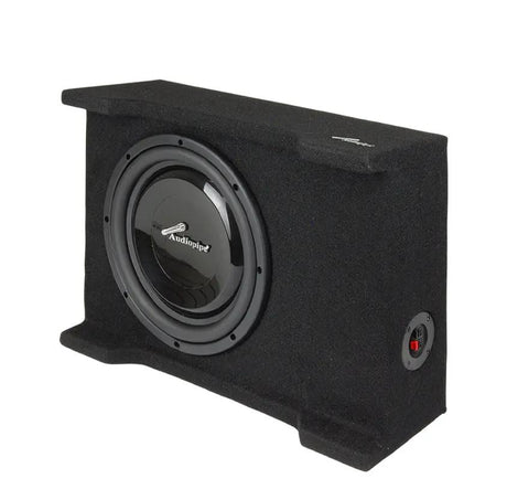 Carpeted Audiopipe subwoofer enclosure with a side terminal cup