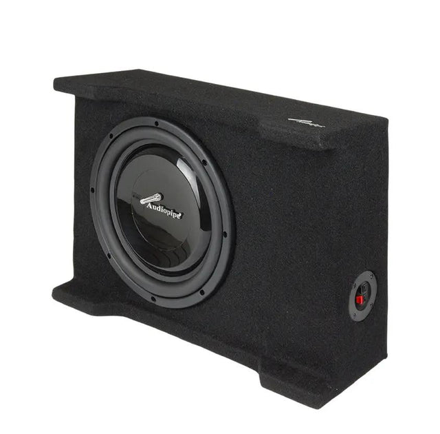 Carpeted Audiopipe subwoofer enclosure with a side terminal cup