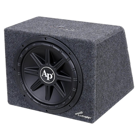 Angled gray carpeted Audiopipe subwoofer enclosure with a black spoke grille